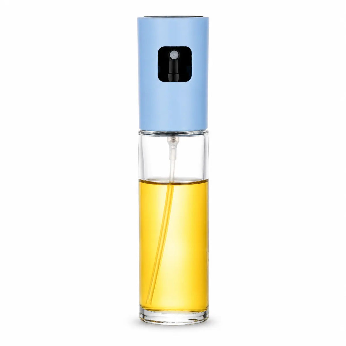 A cylindrical atomizer spray bottle with a light blue top section, a clear glass middle chamber, and yellow liquid inside, shown on a plain white background.