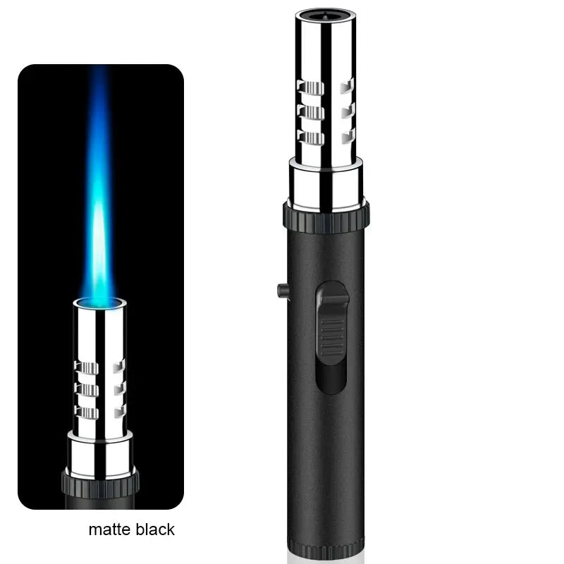 Black windproof torch lighter with a blue jet flame on a white background