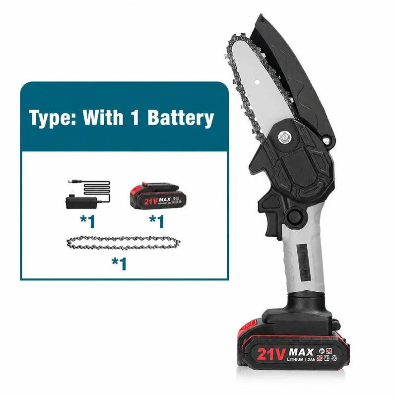 6-inch battery-powered mini chain saw with 2 batteries