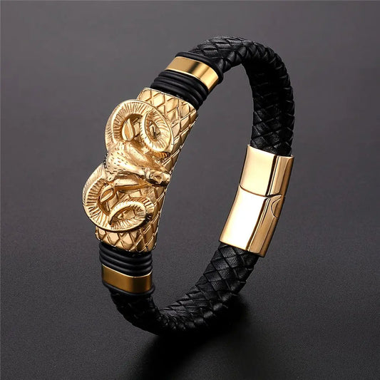 Men's constellation braided leather bracelet with stainless steel accent