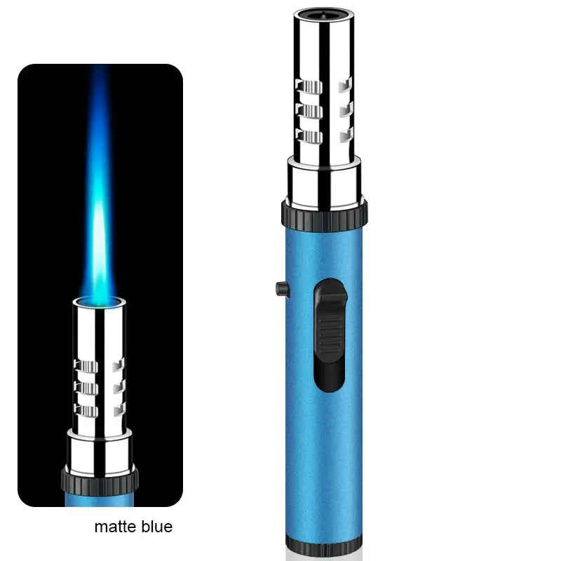 Blue finish windproof torch lighter with a jet flame on a white background