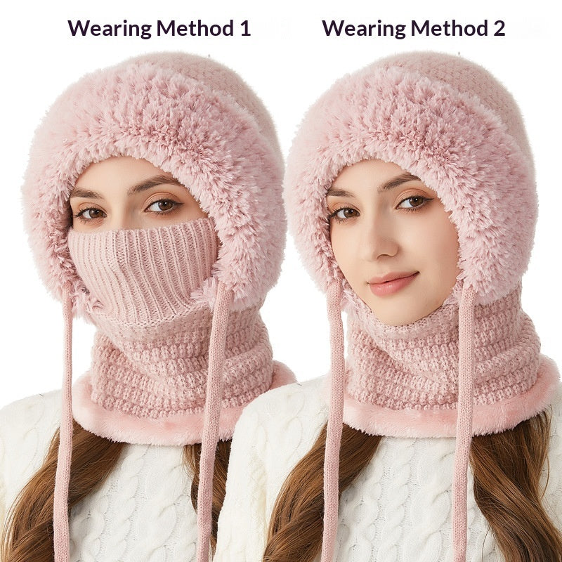 Pink 4-in-1 knit balaclava hood with integrated scarf