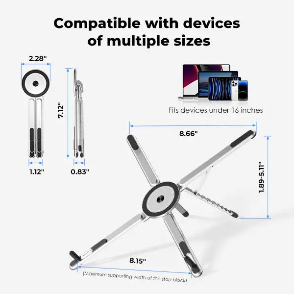 Elevate Your Workspace with the Viozon Portable Aluminum Laptop Stand - Adjustable, Foldable & Magnetic Phone Holder for 10–16” Laptops & 4–13” Phones/Tablets (Silver)