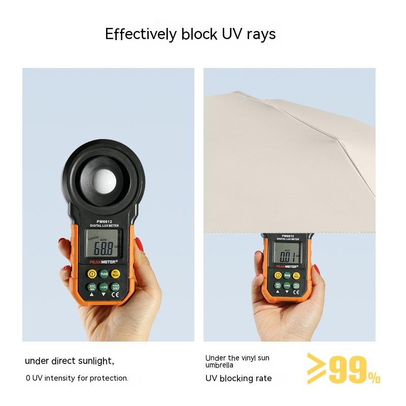 Pocket umbrella folded next to bag showing portable size