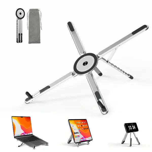 Elevate Your Workspace with the Viozon Portable Aluminum Laptop Stand - Adjustable, Foldable & Magnetic Phone Holder for 10–16” Laptops & 4–13” Phones/Tablets (Silver)