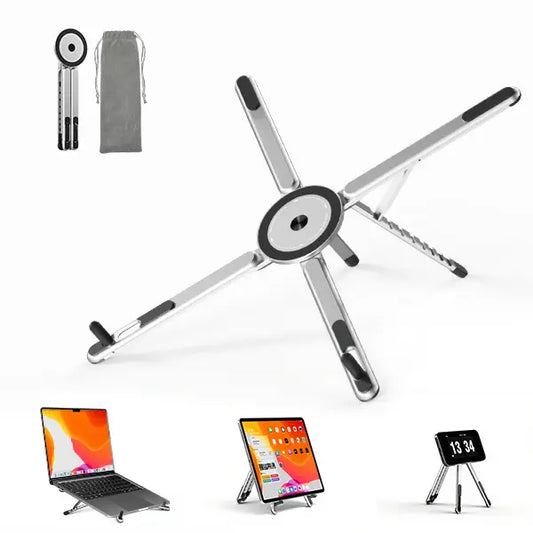 Elevate Your Workspace with the Viozon Portable Aluminum Laptop Stand - Adjustable, Foldable & Magnetic Phone Holder for 10–16” Laptops & 4–13” Phones/Tablets (Silver)