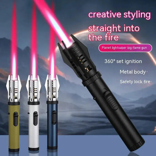 Blue flame torch lighter with a glowing saber-style blade, shown against a mountain landscape