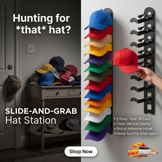Baseball Cap Organizer — Wall-Mounted Hat Rack, Holds Up to 18 Caps, Adhesive or Drill Mount