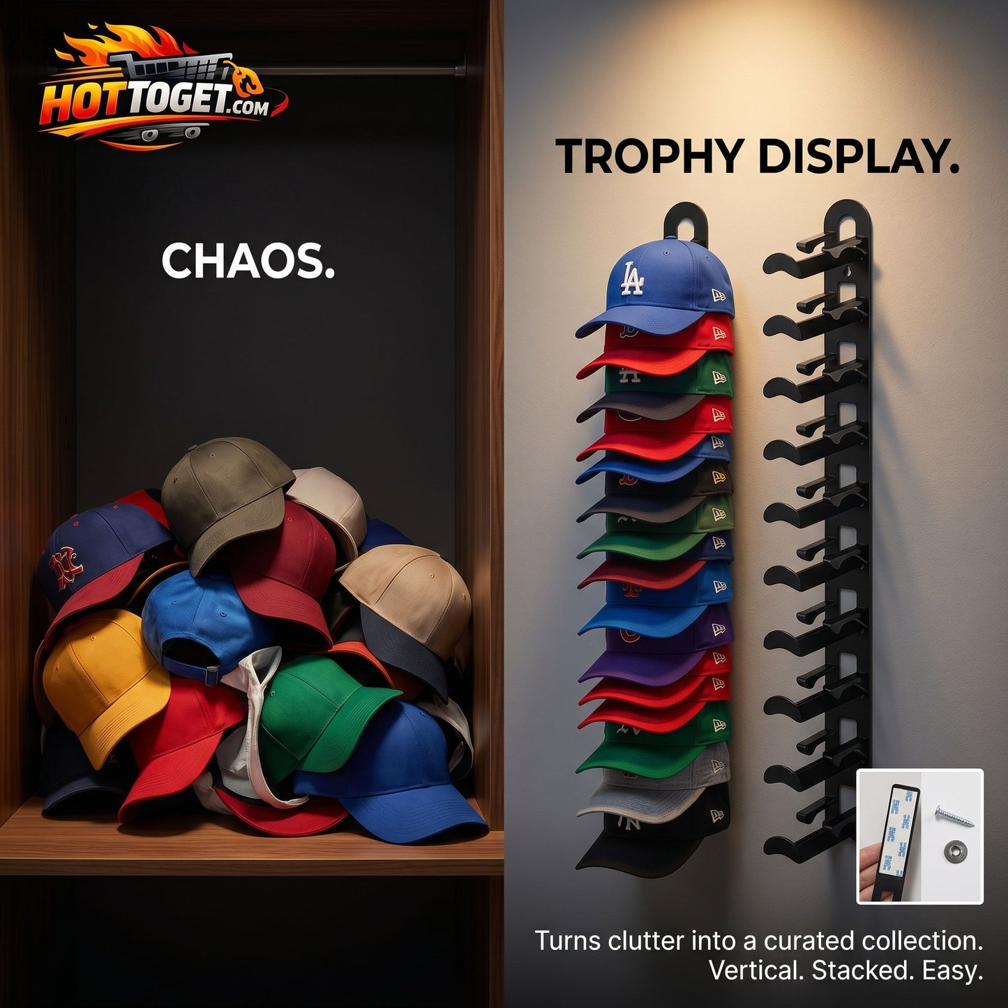 Baseball Cap Organizer — Wall-Mounted Hat Rack, Holds Up to 18 Caps, Adhesive or Drill Mount