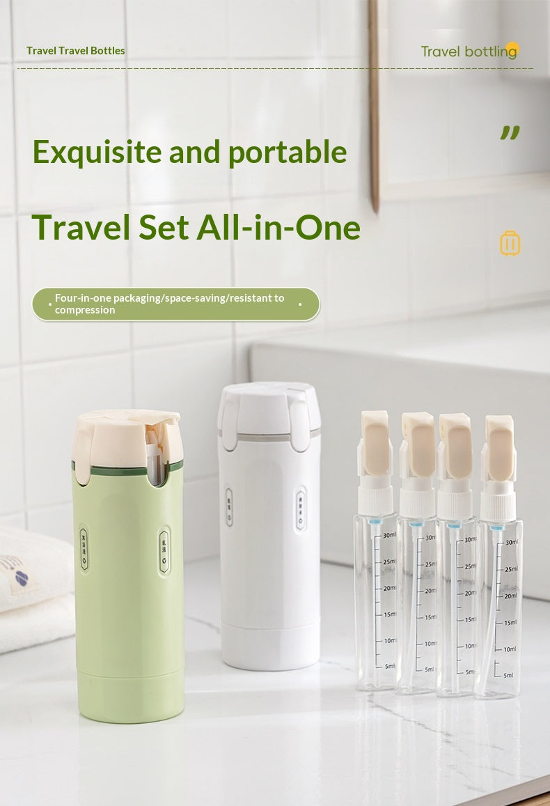 4-in-1 travel dispenser bottles separated showing stackable design