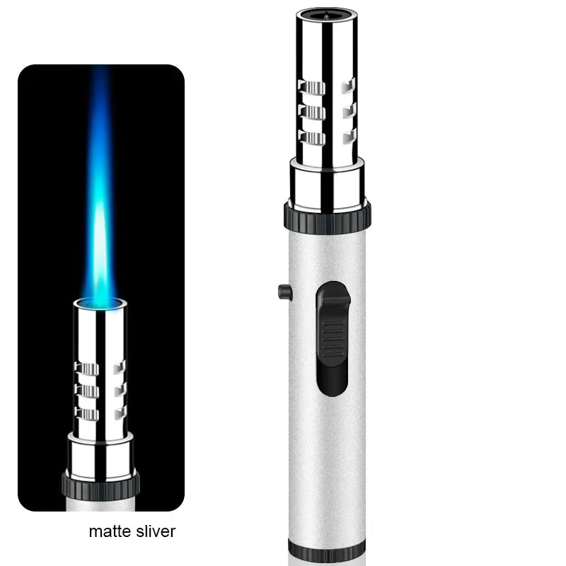 Matte silver torch lighter standing upright, with an inset showing it lit with a bright blue flame
