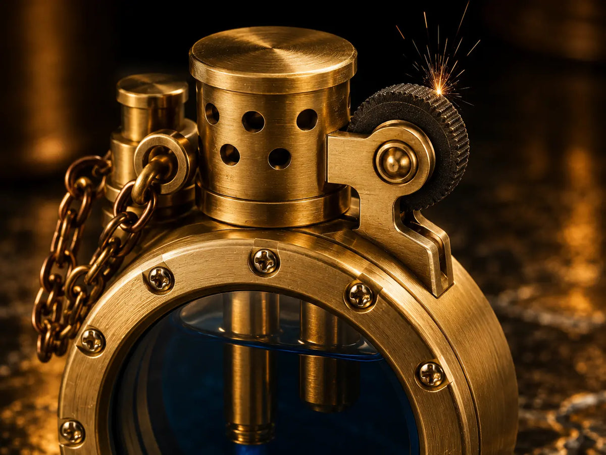 Close-up of the flint wheel on the brass trench lighter