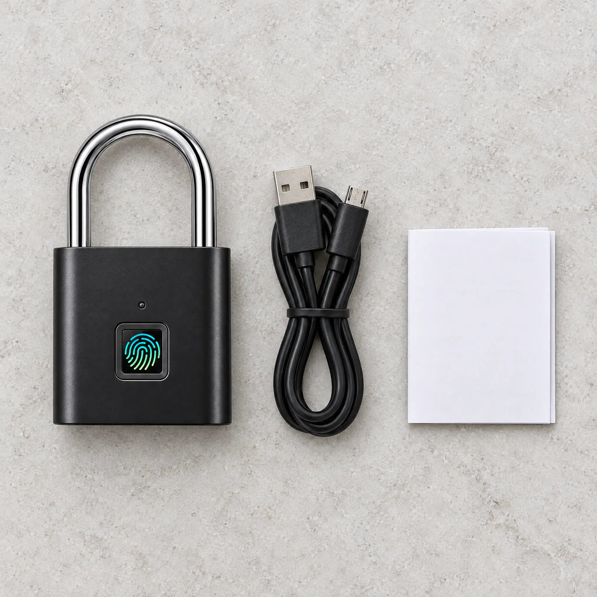 What's in the box: padlock, Micro USB cable, manual