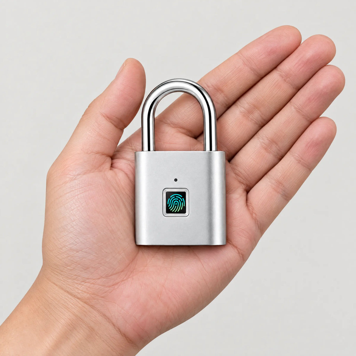 Compact fingerprint padlock in the palm of a hand