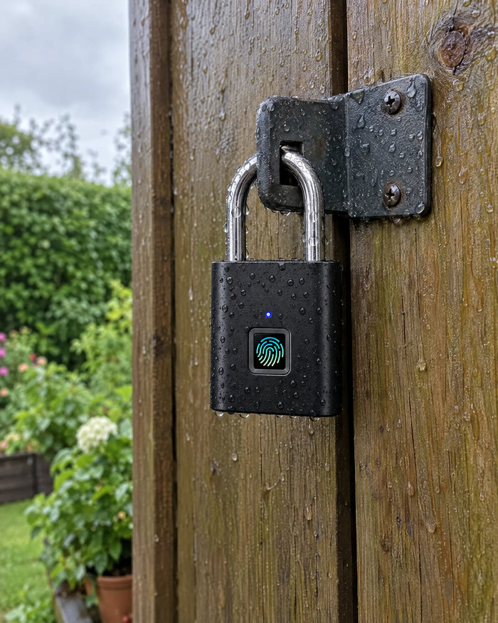 Padlock on a shed door in the rain