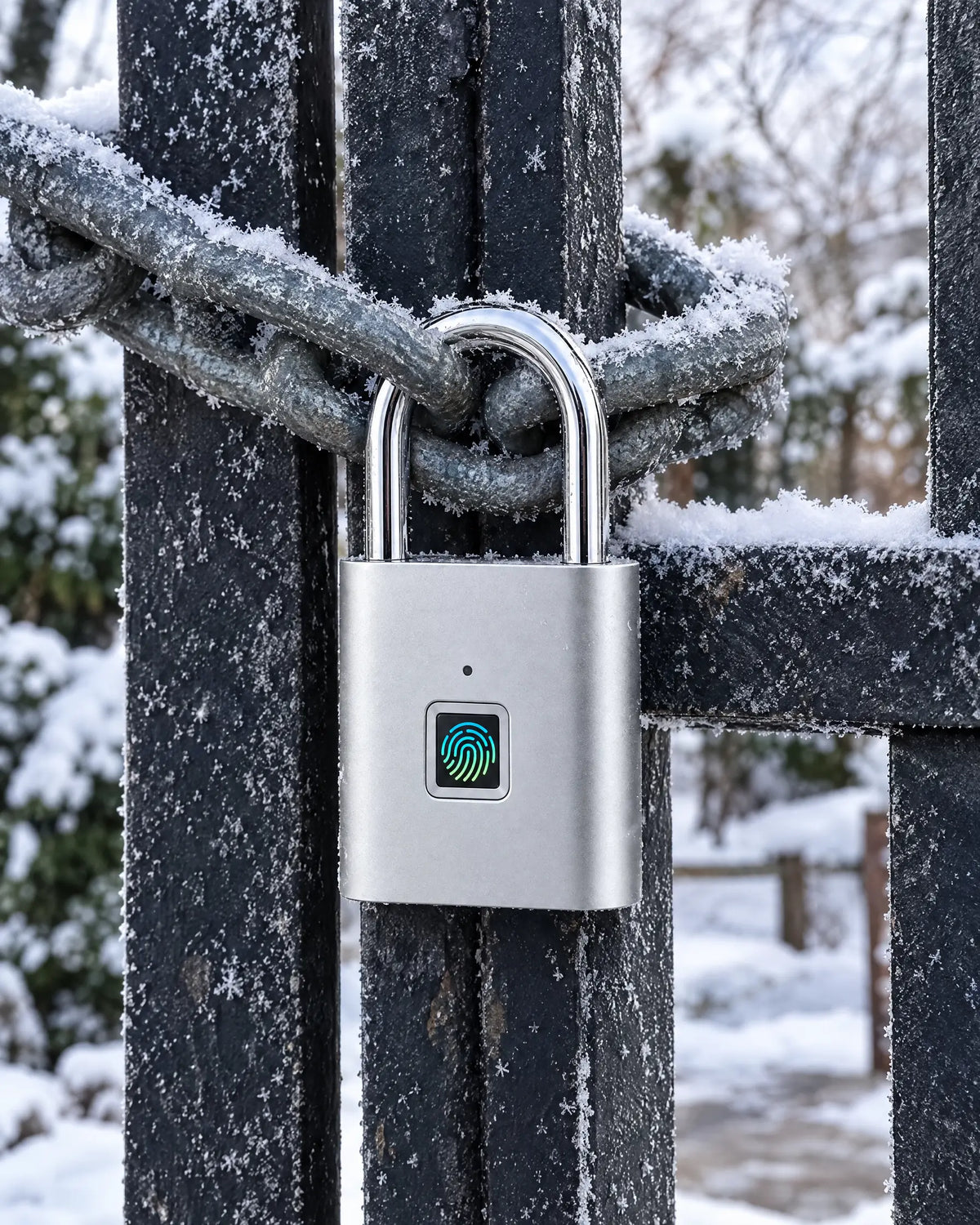 Fingerprint padlock on a gate chain in the snow