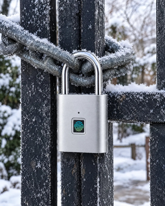 Padlock on a gate chain in the snow