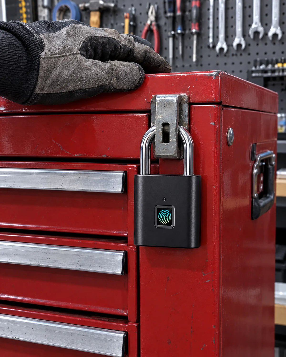 Fingerprint padlock on a toolbox