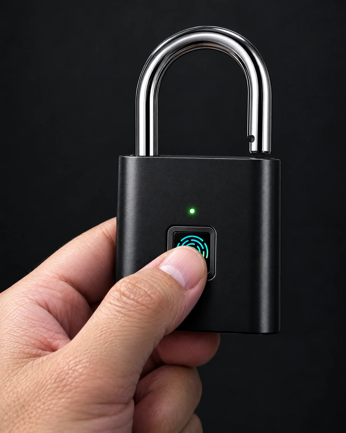 Thumb on the fingerprint sensor as the shackle opens