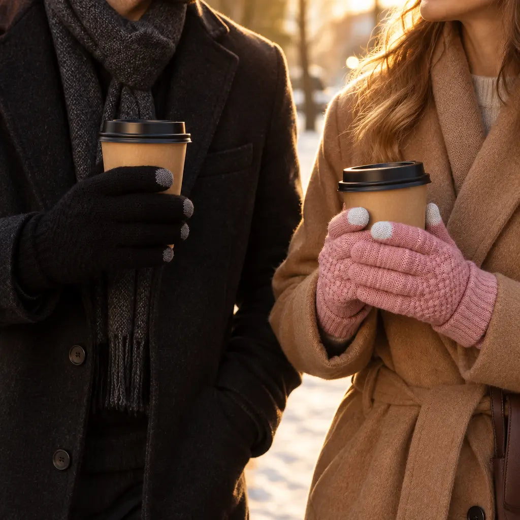 Couple holding coffee cups wearing black and pink knitted touchscreen gloves