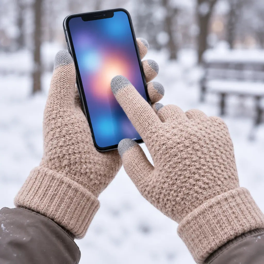 Close-up of a beige knitted glove fingertip tapping a phone screen
