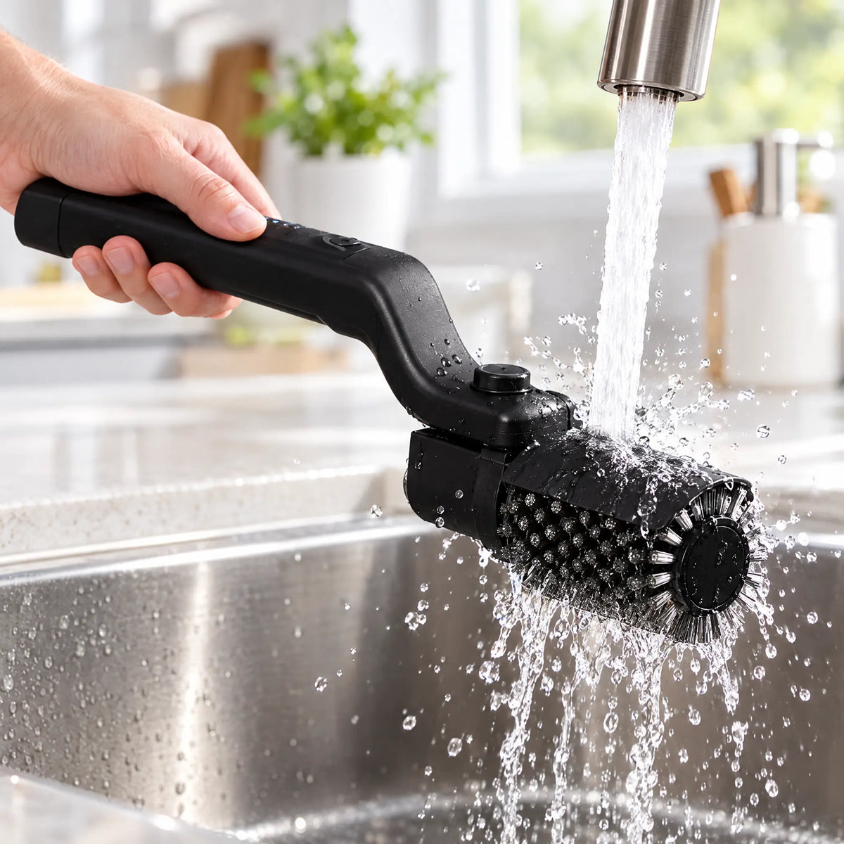 IPX7 waterproof electric grill brush being rinsed under a tap