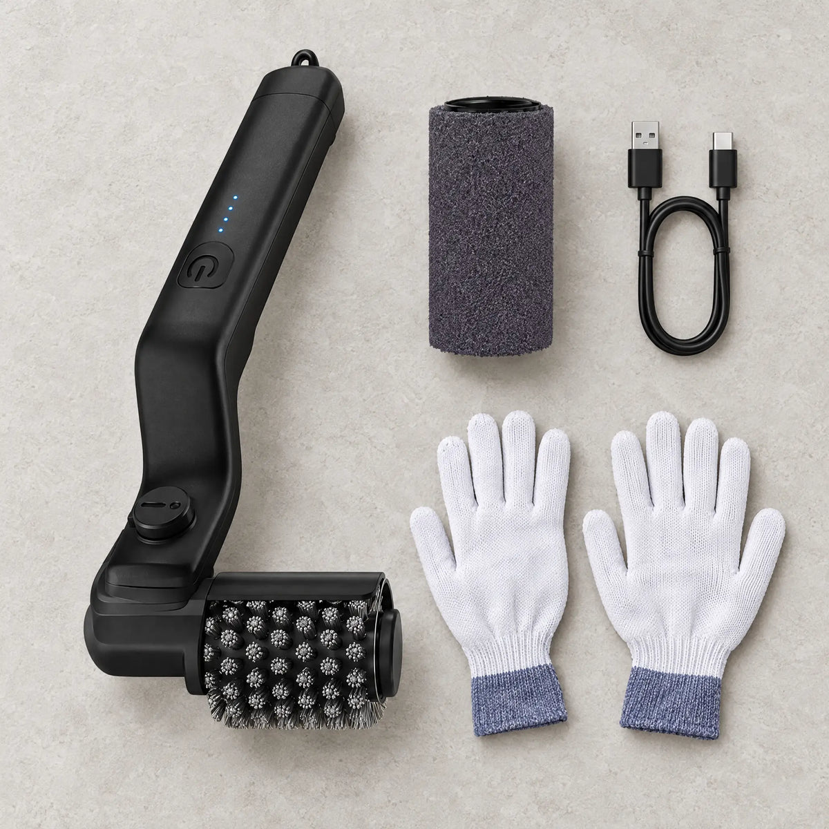 Electric grill brush full set with emery roller, USB cable and gloves