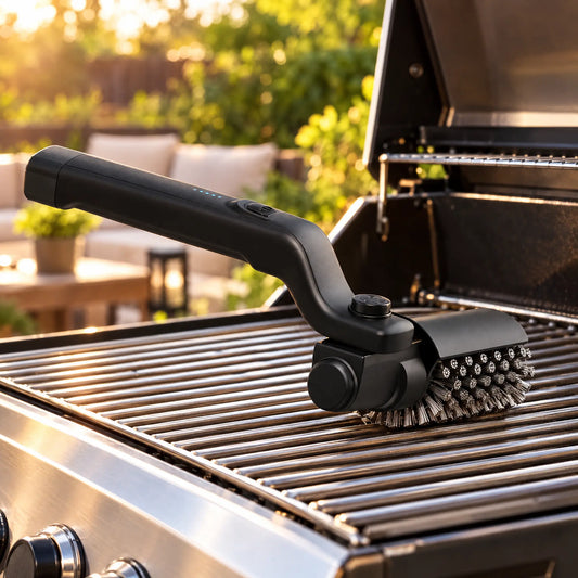 Cordless electric grill brush resting on clean stainless steel grill grates