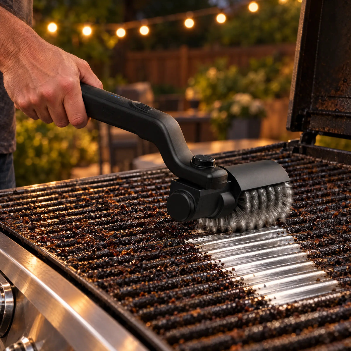 Electric grill brush cleaning burnt-on residue off BBQ grates