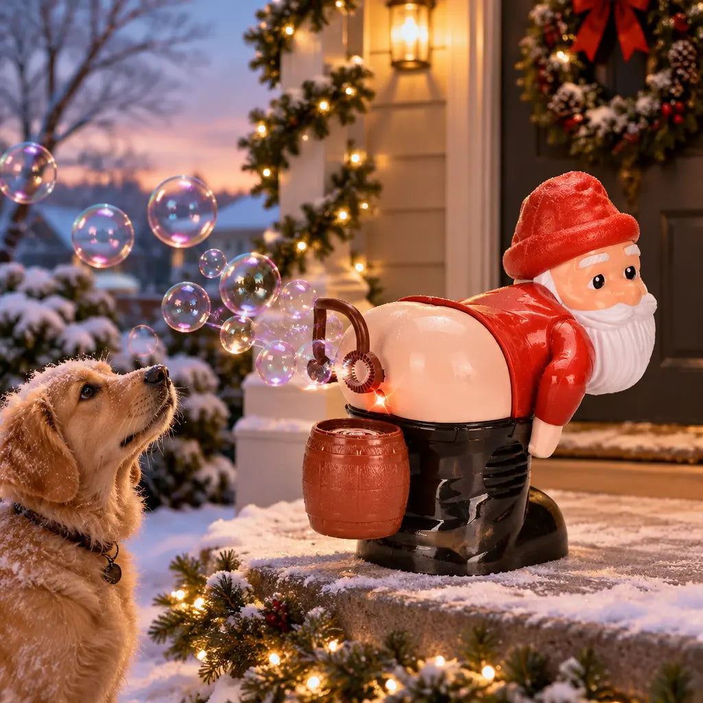 Santa bubble machine blowing bubbles on a snowy front porch