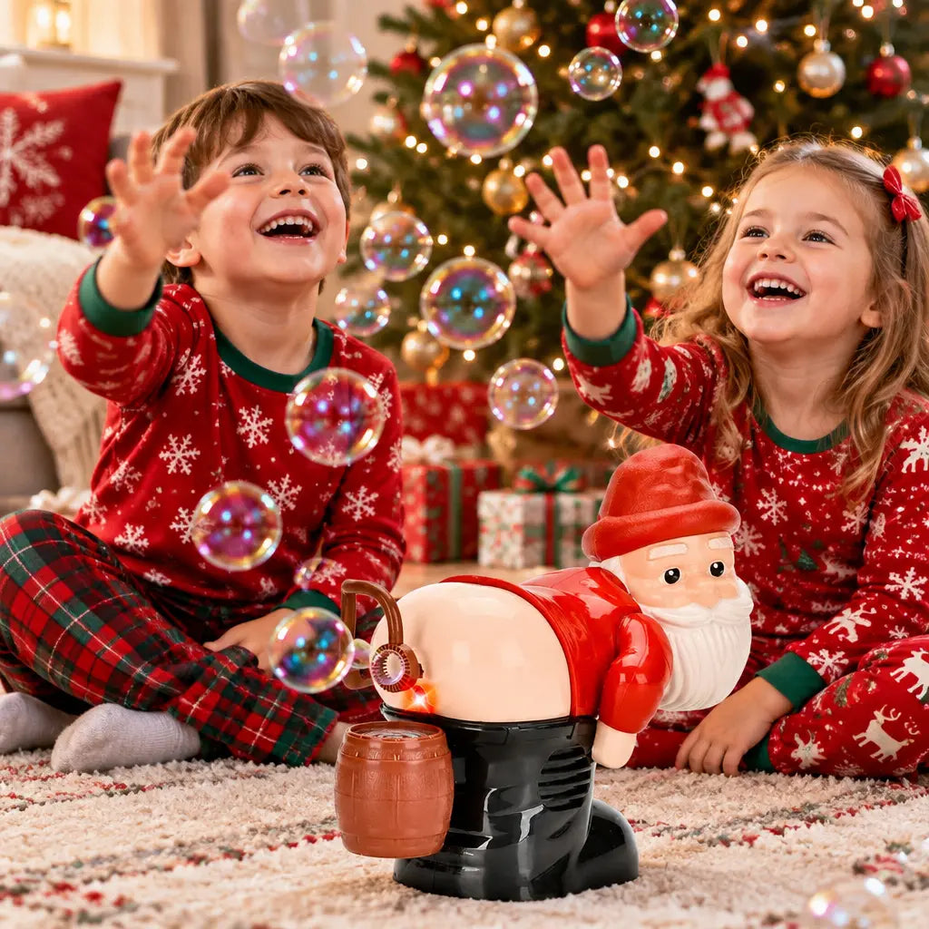 Kids in Christmas pajamas popping bubbles from the Santa bubble machine