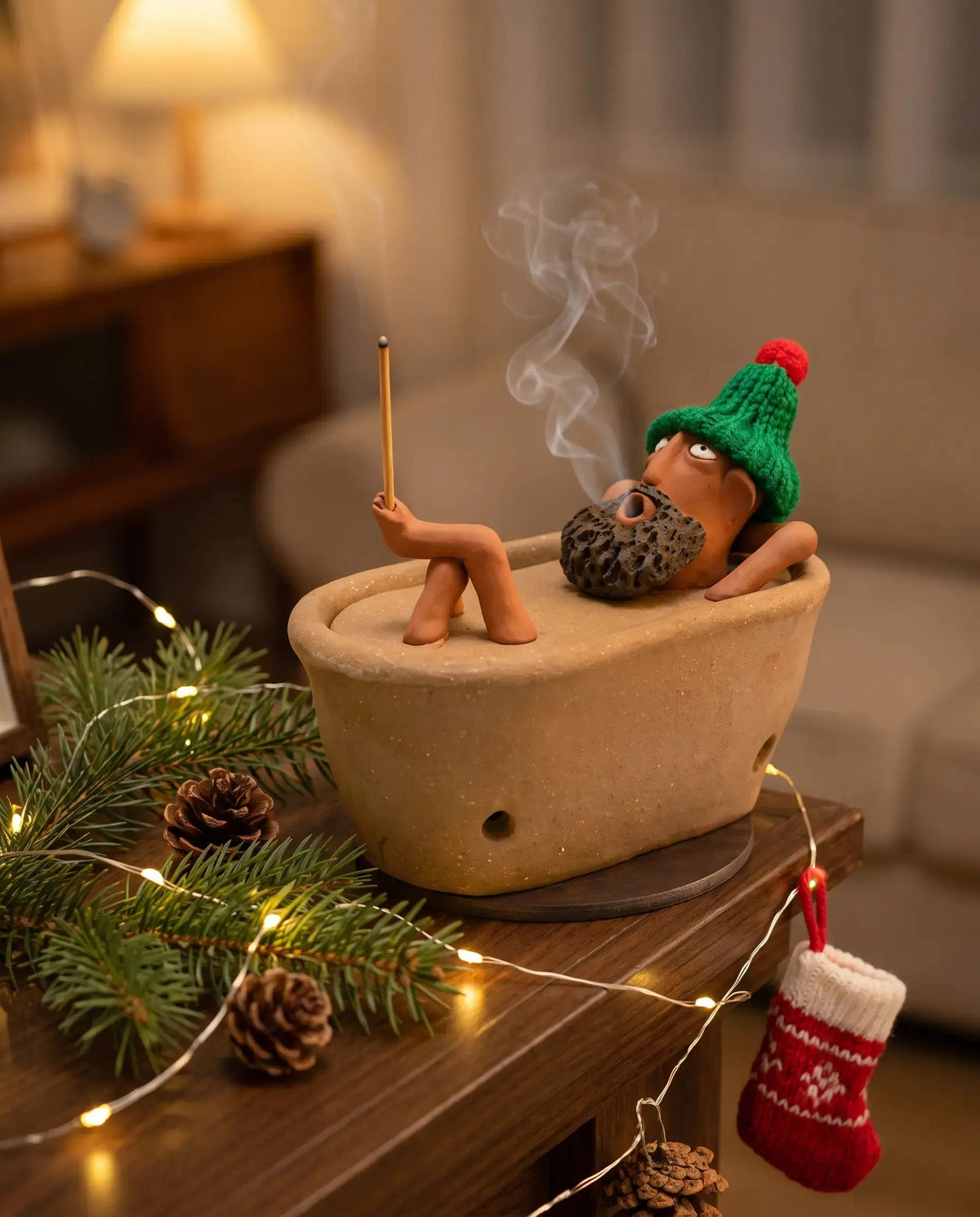 Lazy Bath Man incense burner with Christmas decor