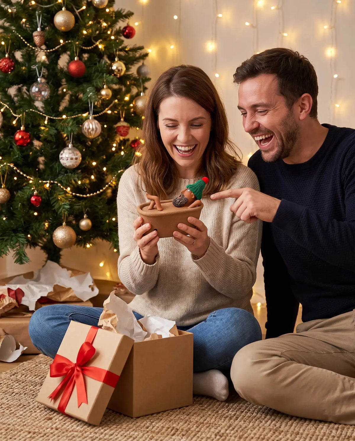 Couple laughing as they unwrap the Lazy Bath Man incense burner as a gift