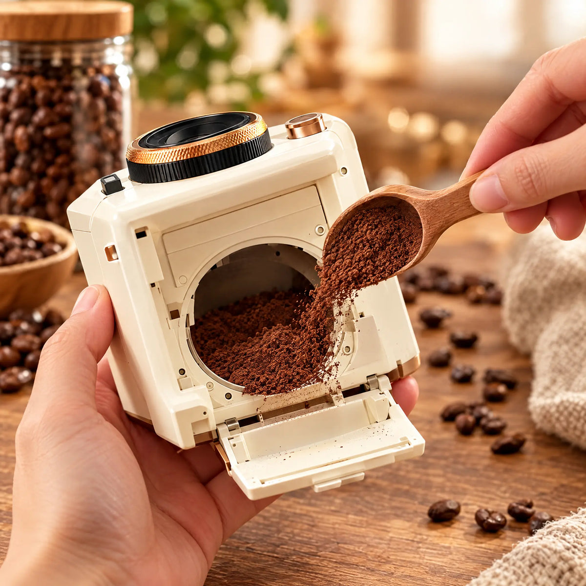 Adding cocoa powder to the latte art camera
