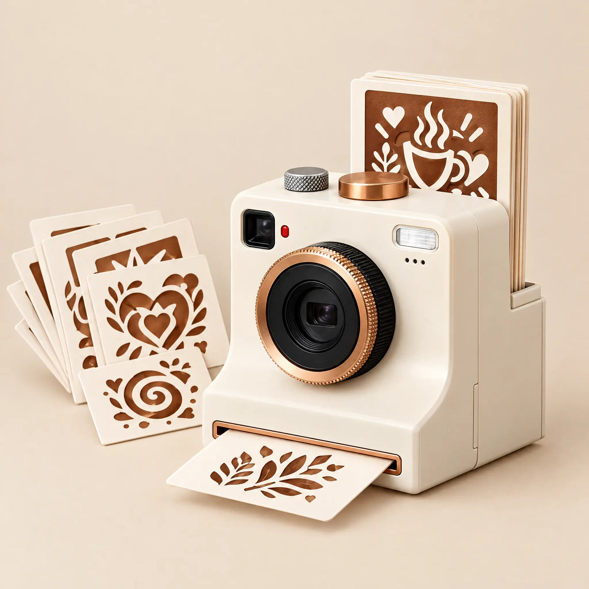 Latte art camera in cream with stencil cards