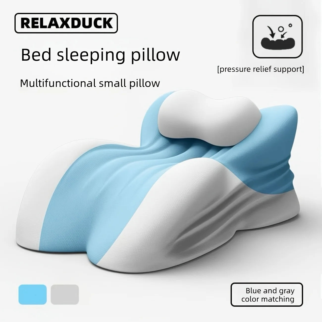 Multifunctional small pillow with blue and gray color matching, labeled RELAXDUCK.