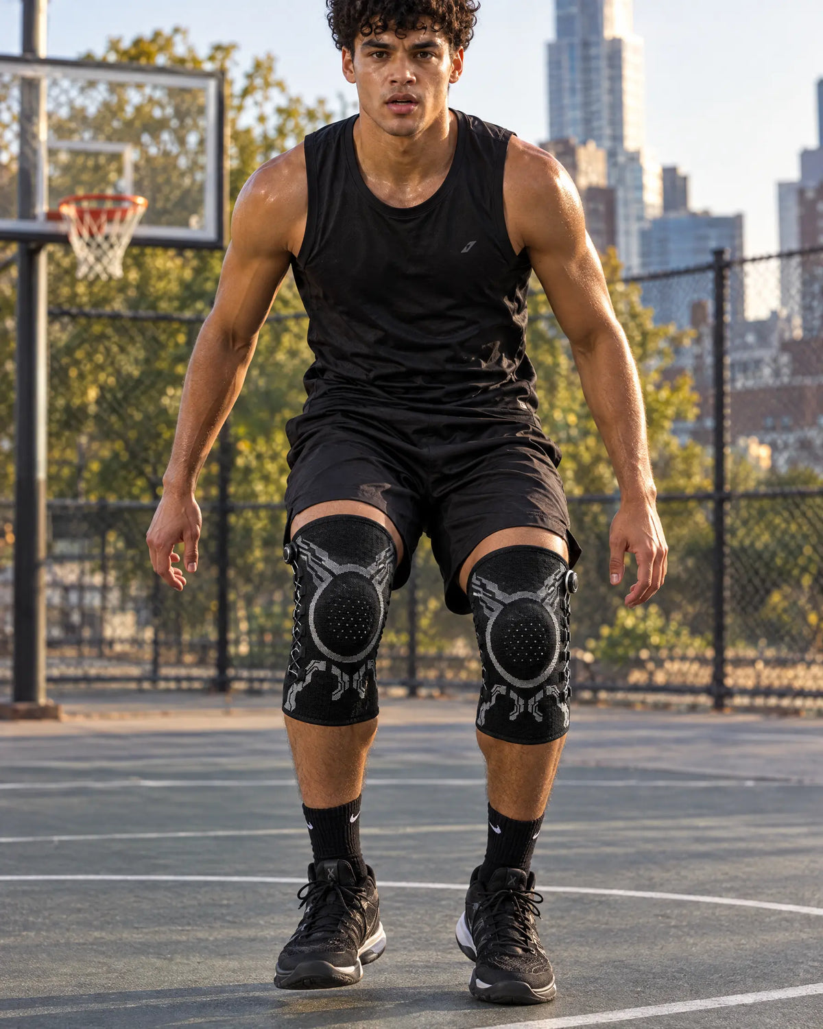 Knee sleeves on both knees playing basketball