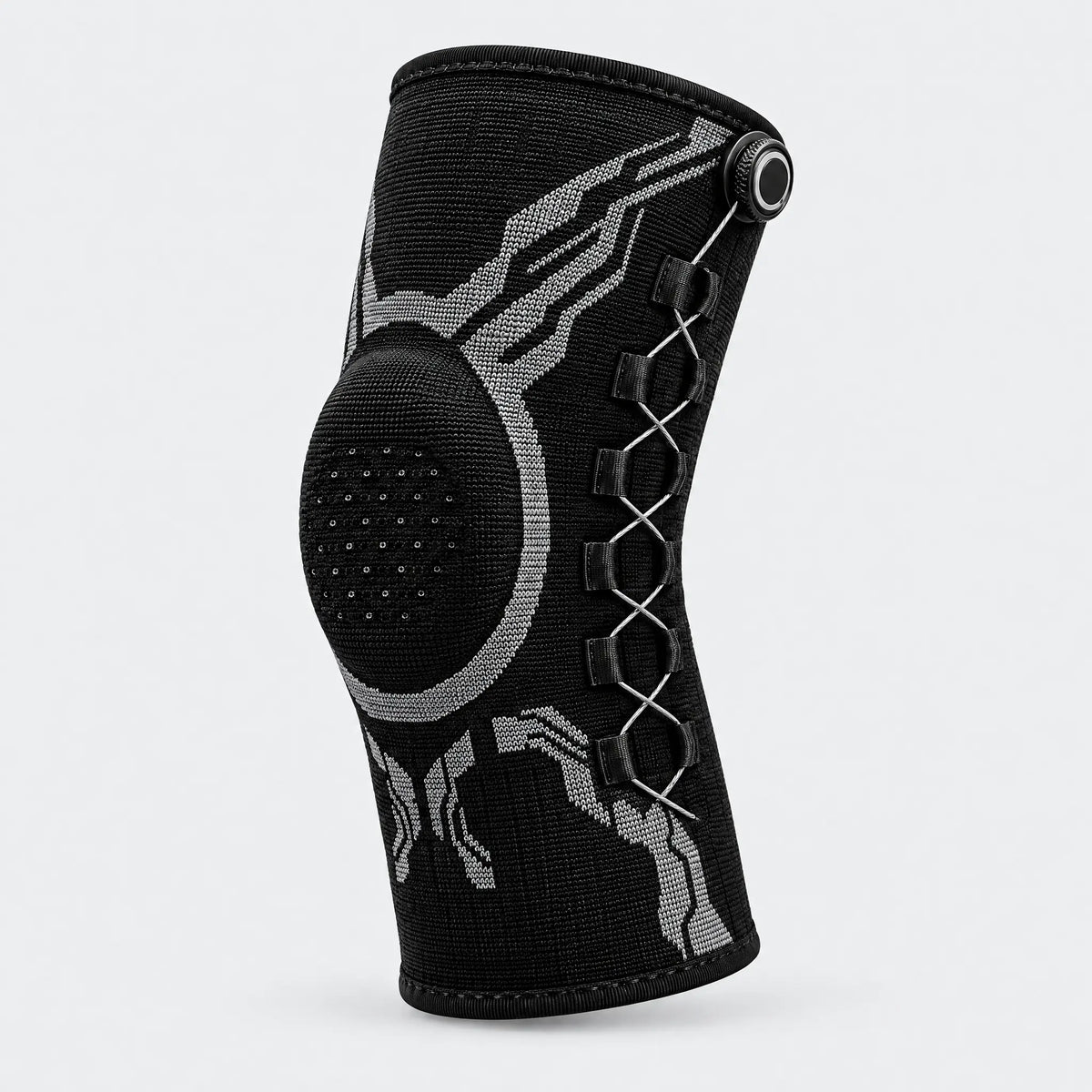 Knit knee sleeve with dial-adjust lacing, black, right leg