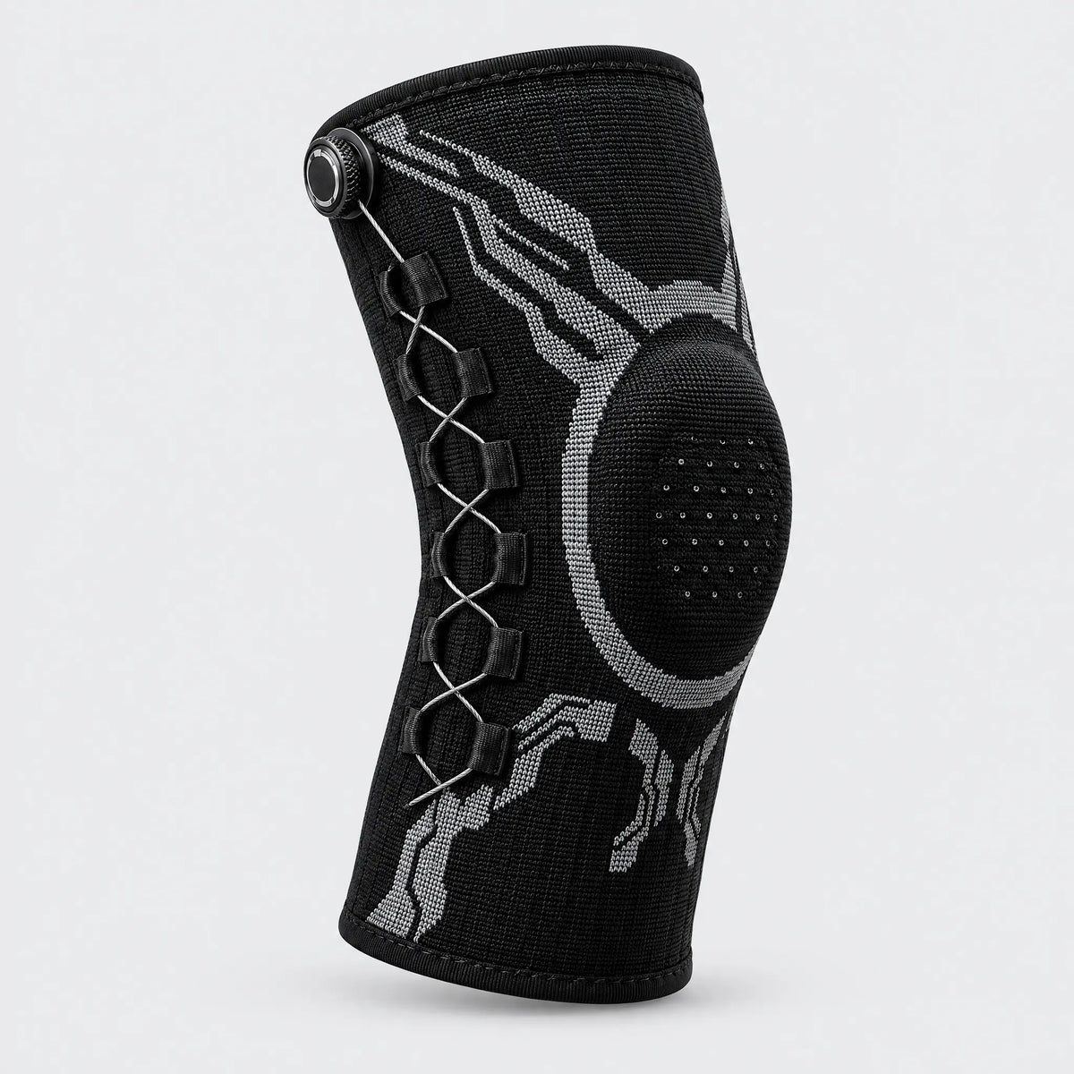Knit knee sleeve with dial-adjust lacing, black, left leg