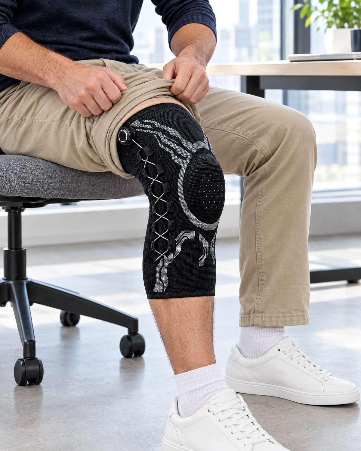 Low-profile knee sleeve worn under trousers