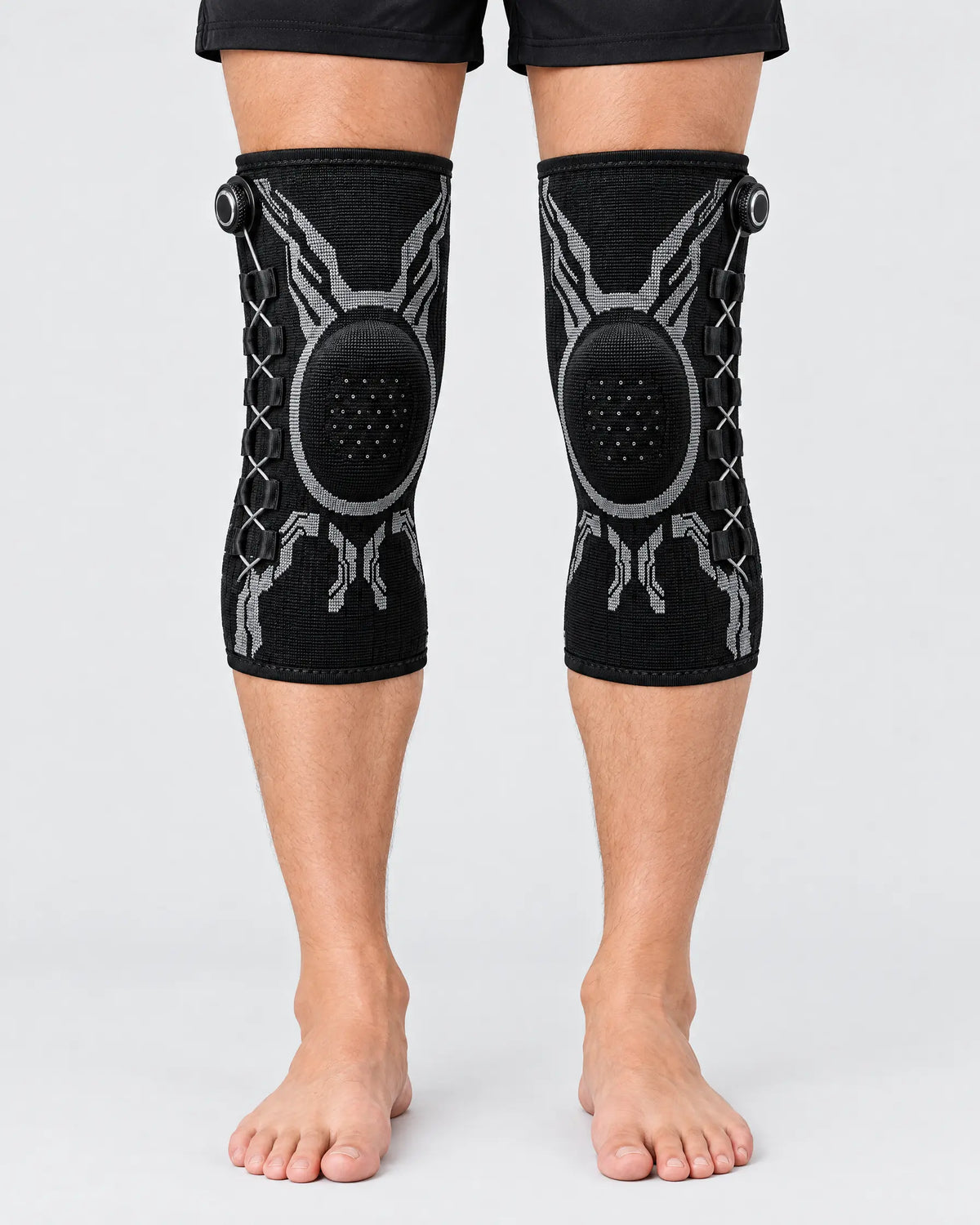 Knee sleeves worn on both knees with dials on the outer sides