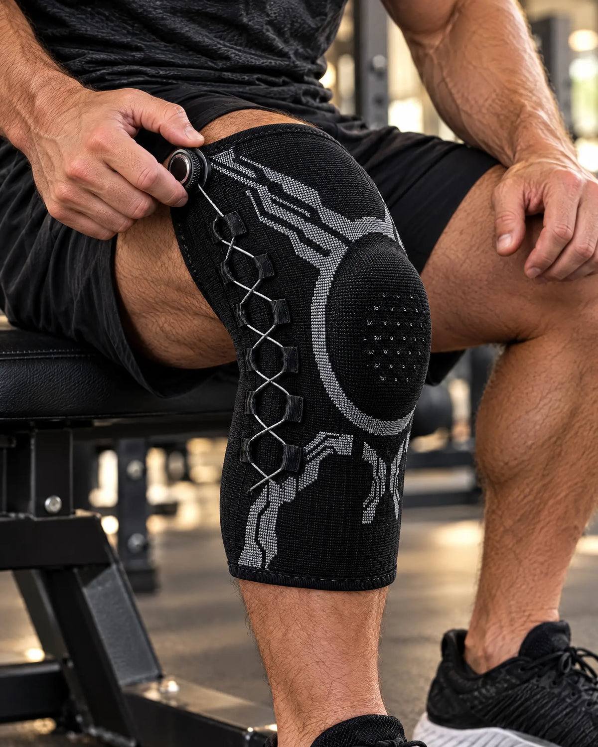 Turning the dial to tighten the knee sleeve
