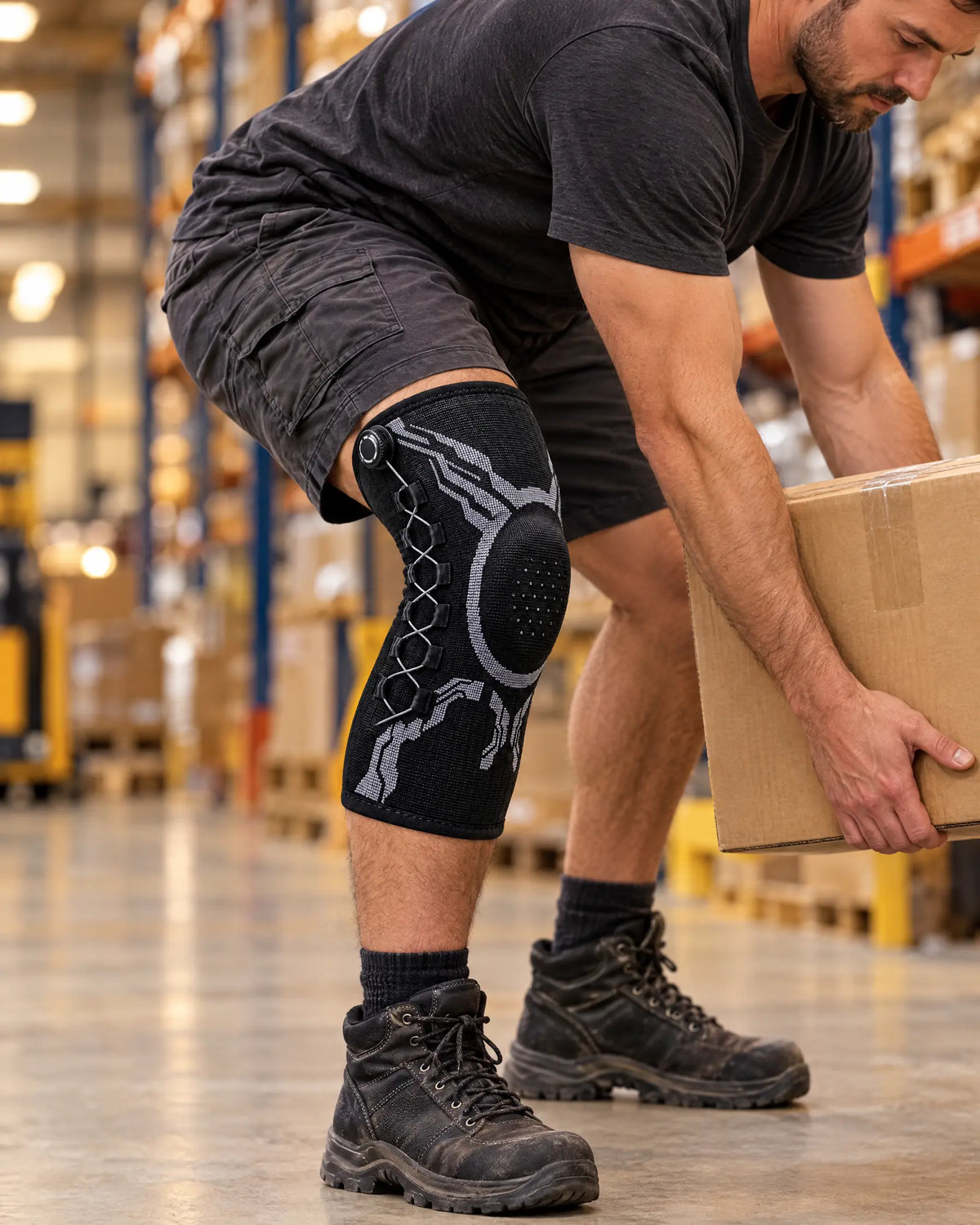 Knee sleeve worn on a long shift lifting boxes