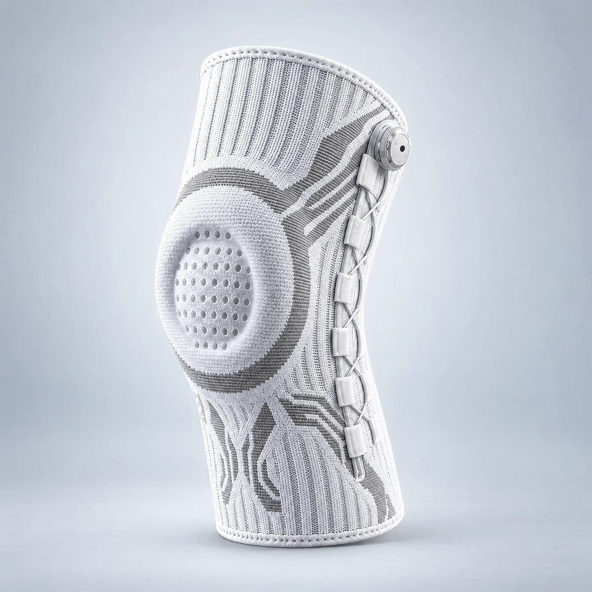 Knit knee sleeve with dial-adjust lacing, white, right leg