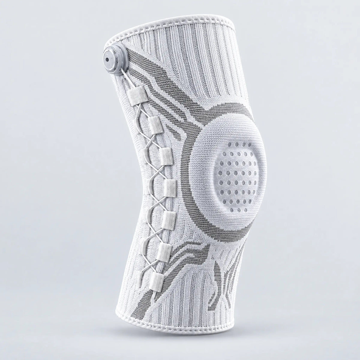 Knit knee sleeve with dial-adjust lacing, white, left leg