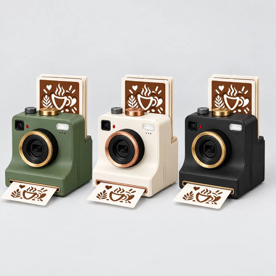 Latte art camera in green, white and black