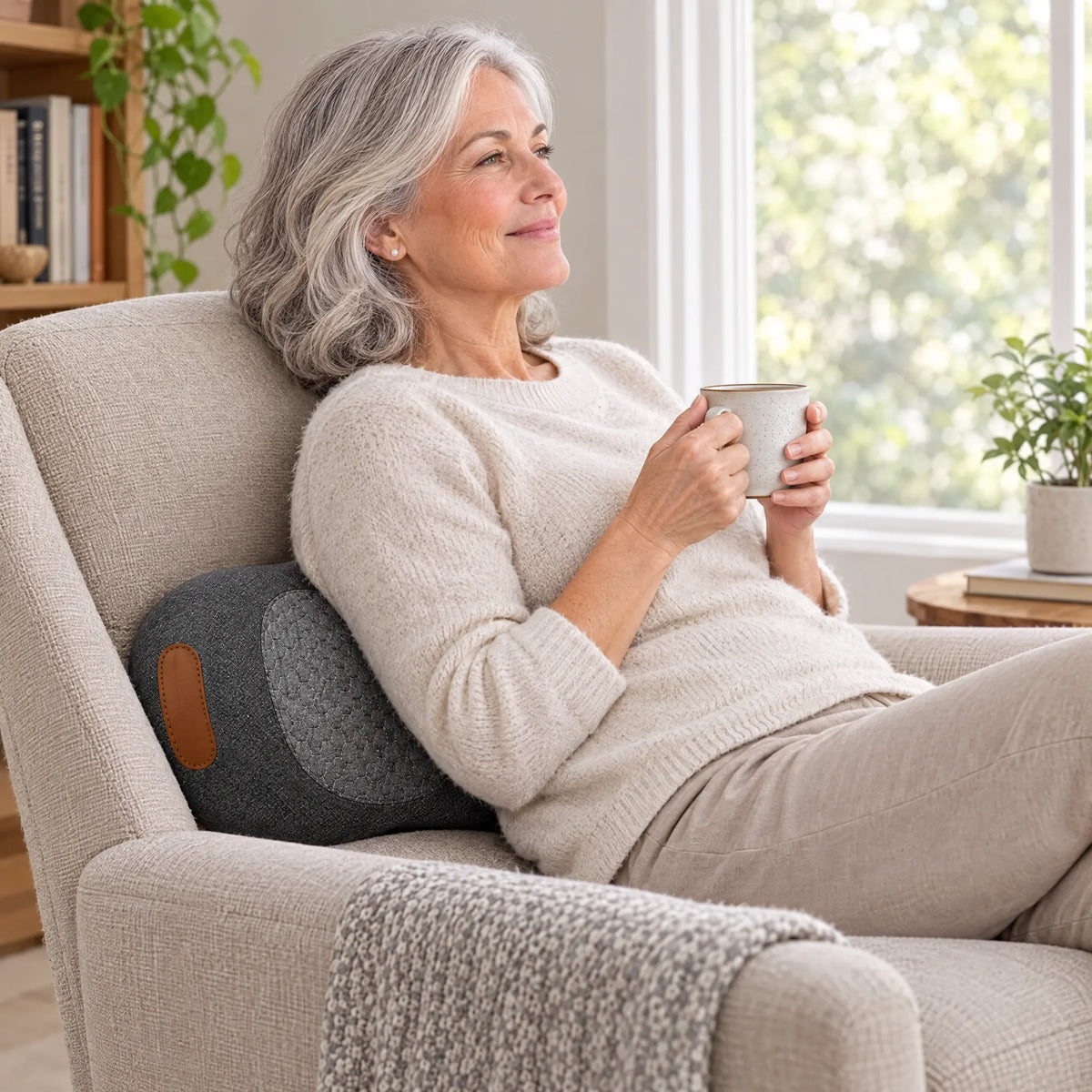 Relaxing in an armchair with the lumbar pillow