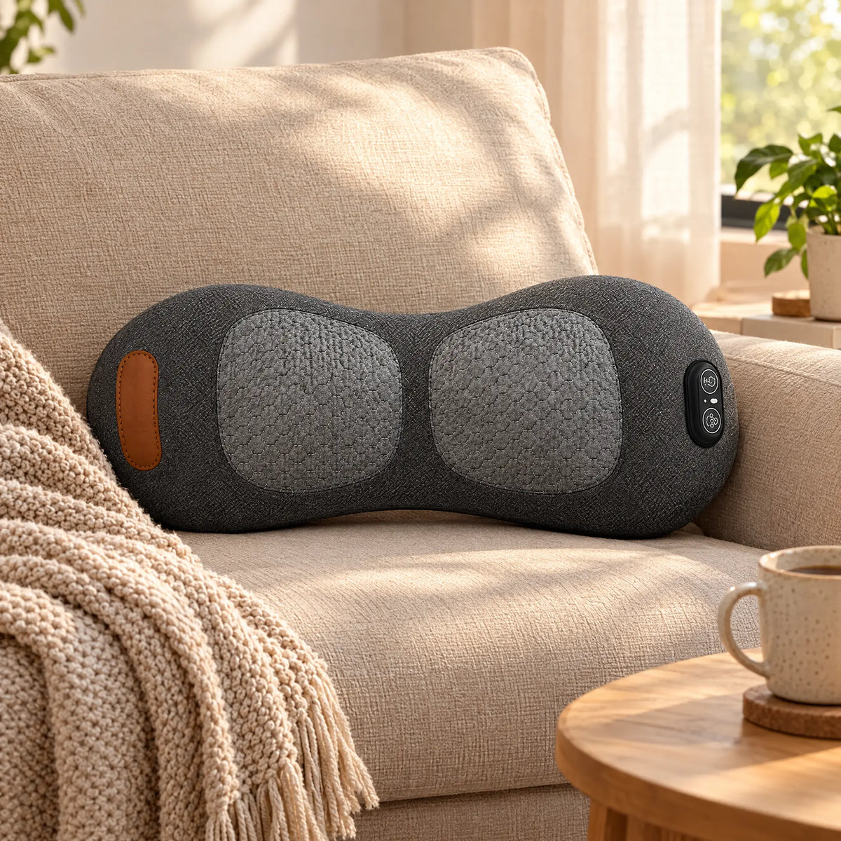 Lumbar pillow on a sofa next to a throw blanket