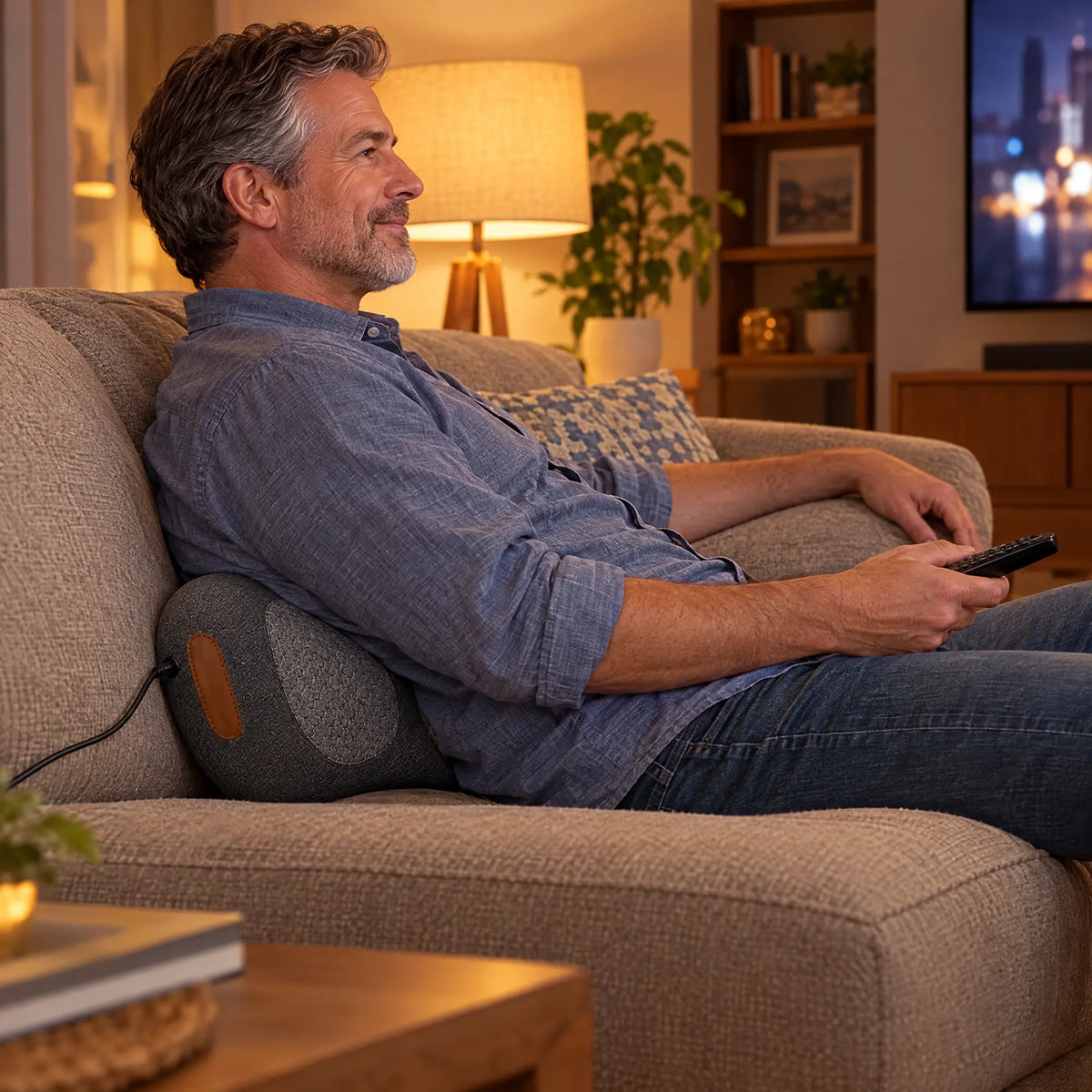 Using the lumbar pillow on the sofa while watching TV