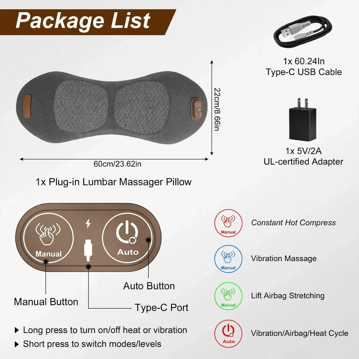 Heated Lumbar Support Pillow – Lower Back Massager with Vibration & Airbag Lift
